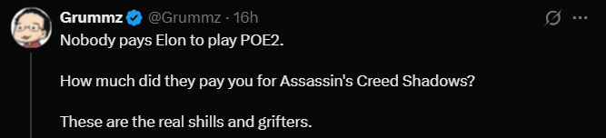 Screenshot from an X post discussing assassin's creed elon musk