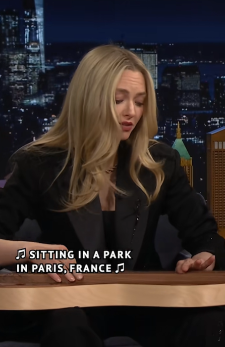 Screenshot from tiktok of amanda seyfried on jimmy fallon tonight joni mitchell cancelled 17