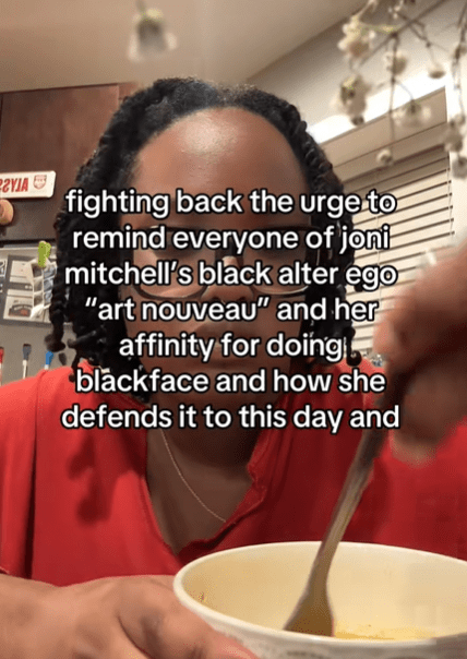 Screenshot from tiktok of discussion about joni mitchell cancelled