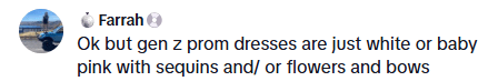 Screenshot from a TikTok video discussing millennial prom dress