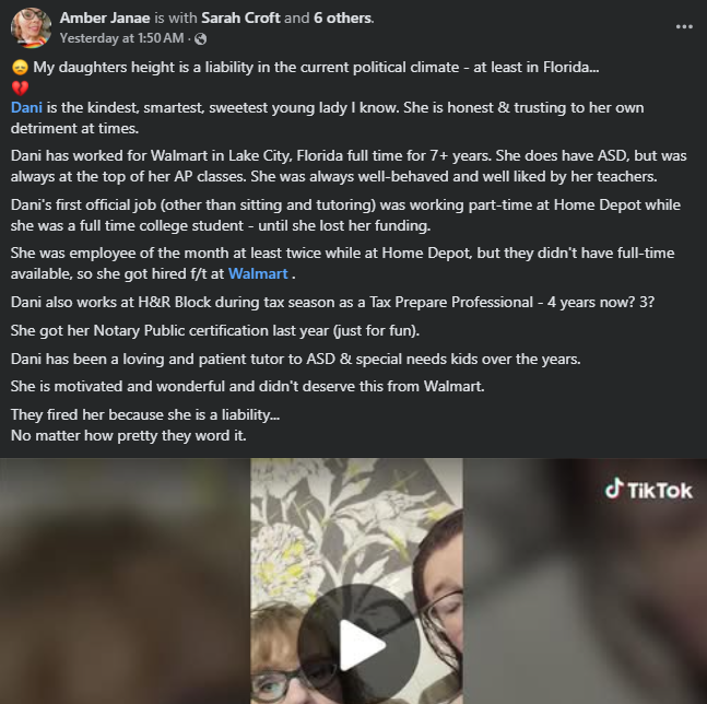 Screenshot from a Facebook post about walmart bathroom fired trans 12