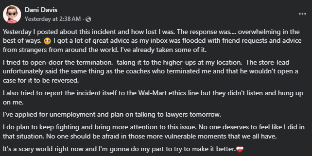 Screenshot from a Facebook post about walmart bathroom fired trans 12
