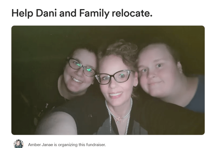 Screenshot from a crowdfunding website with three people smiling