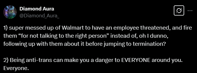 Screenshot from an X post about walmart bathroom fired trans 12