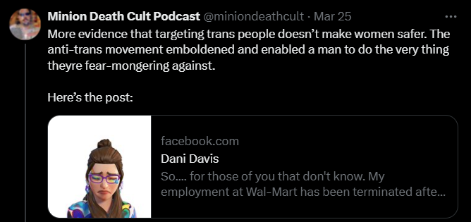 Screenshot from an X post about walmart bathroom fired trans 12