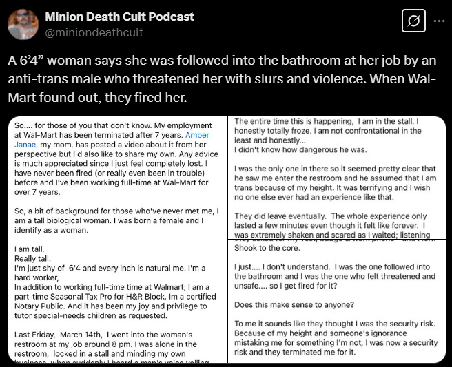 Screenshot from an X post about walmart bathroom fired trans 12