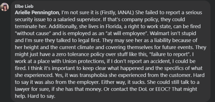 Screenshot from a Facebook post about walmart bathroom fired trans 12