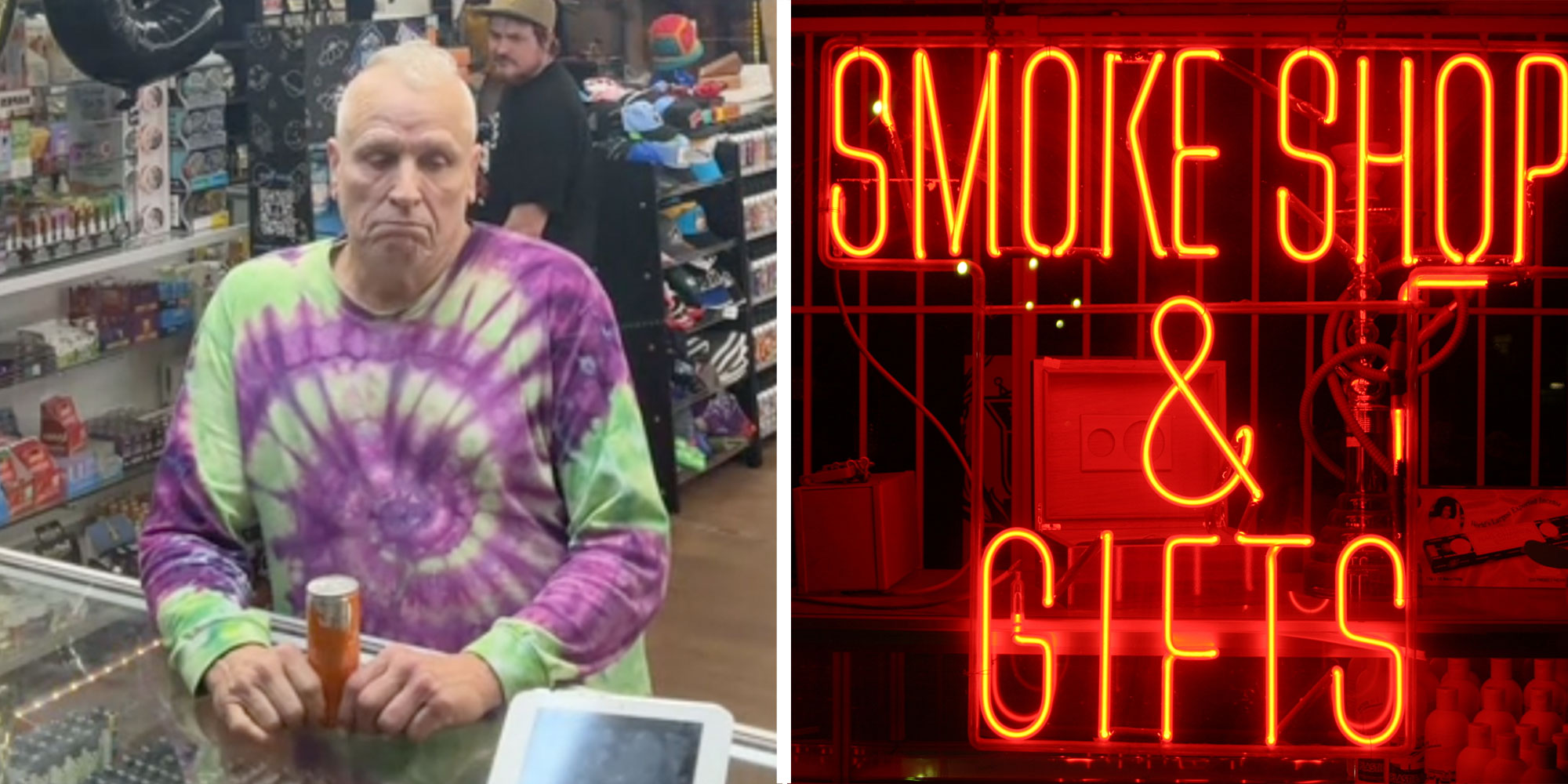 Two panel design with a man looking upset at a counter in a store, next to an image of a "Smoke Shop & Gifts" sign