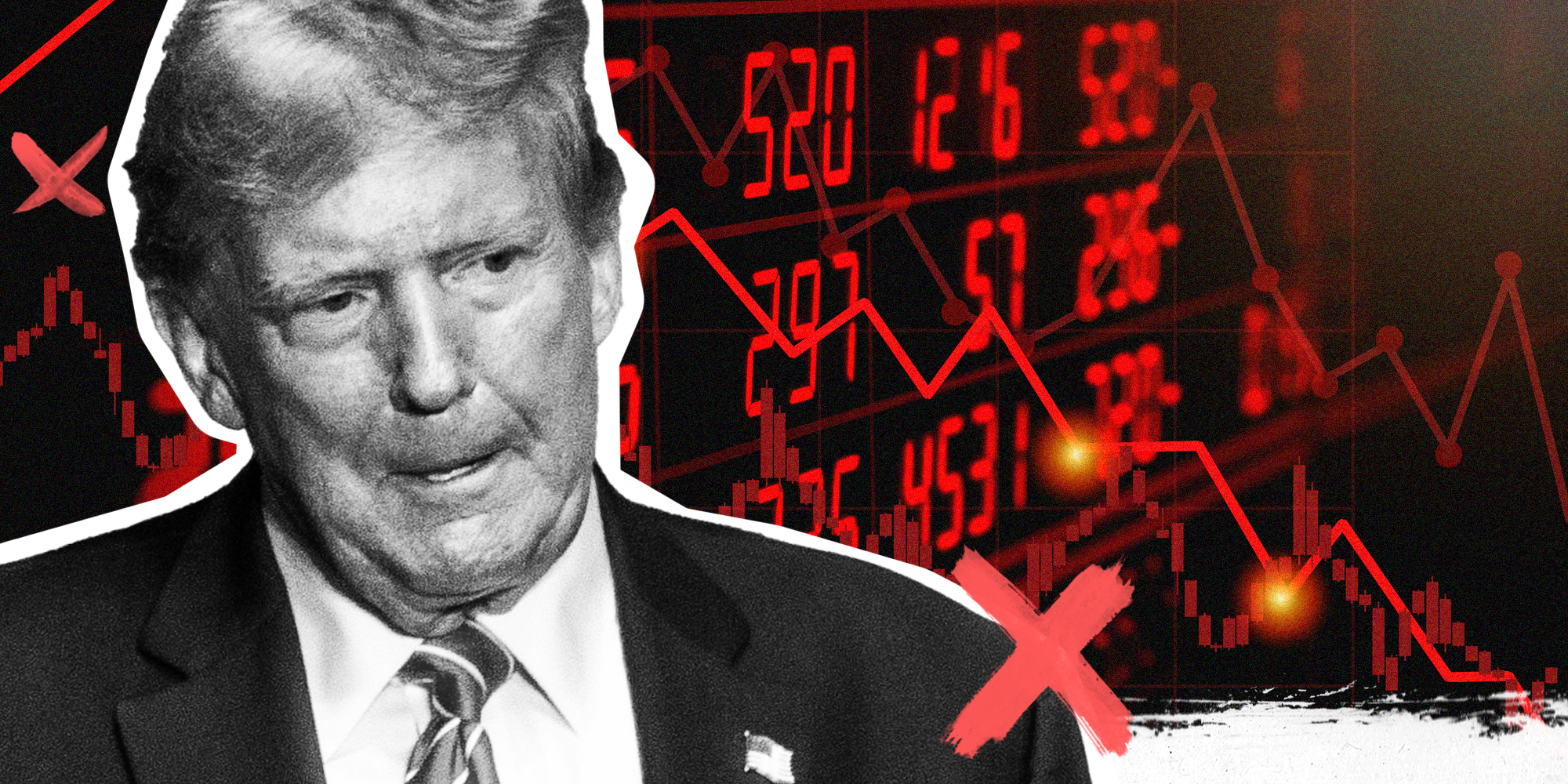 Donald Trump with crashing stock market graphic behind him
