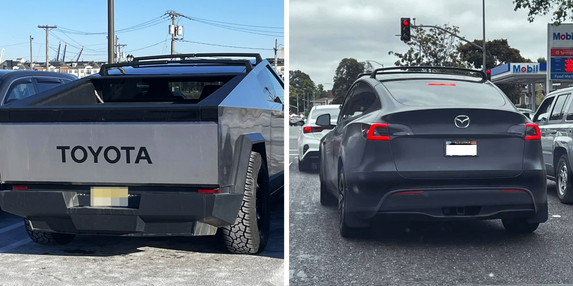 Cyber truck with Toyota logo(l), Tesla with other car logo(r)