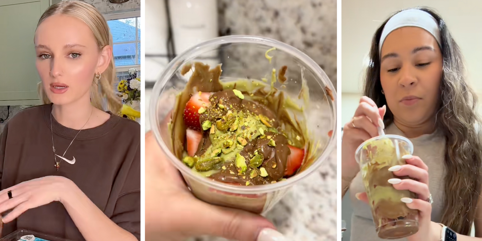 Woman 1 talking(l), Hand holding cup of dessert(c), Woman 2 eating from cup(r) Dubai chocolate strawberry cup