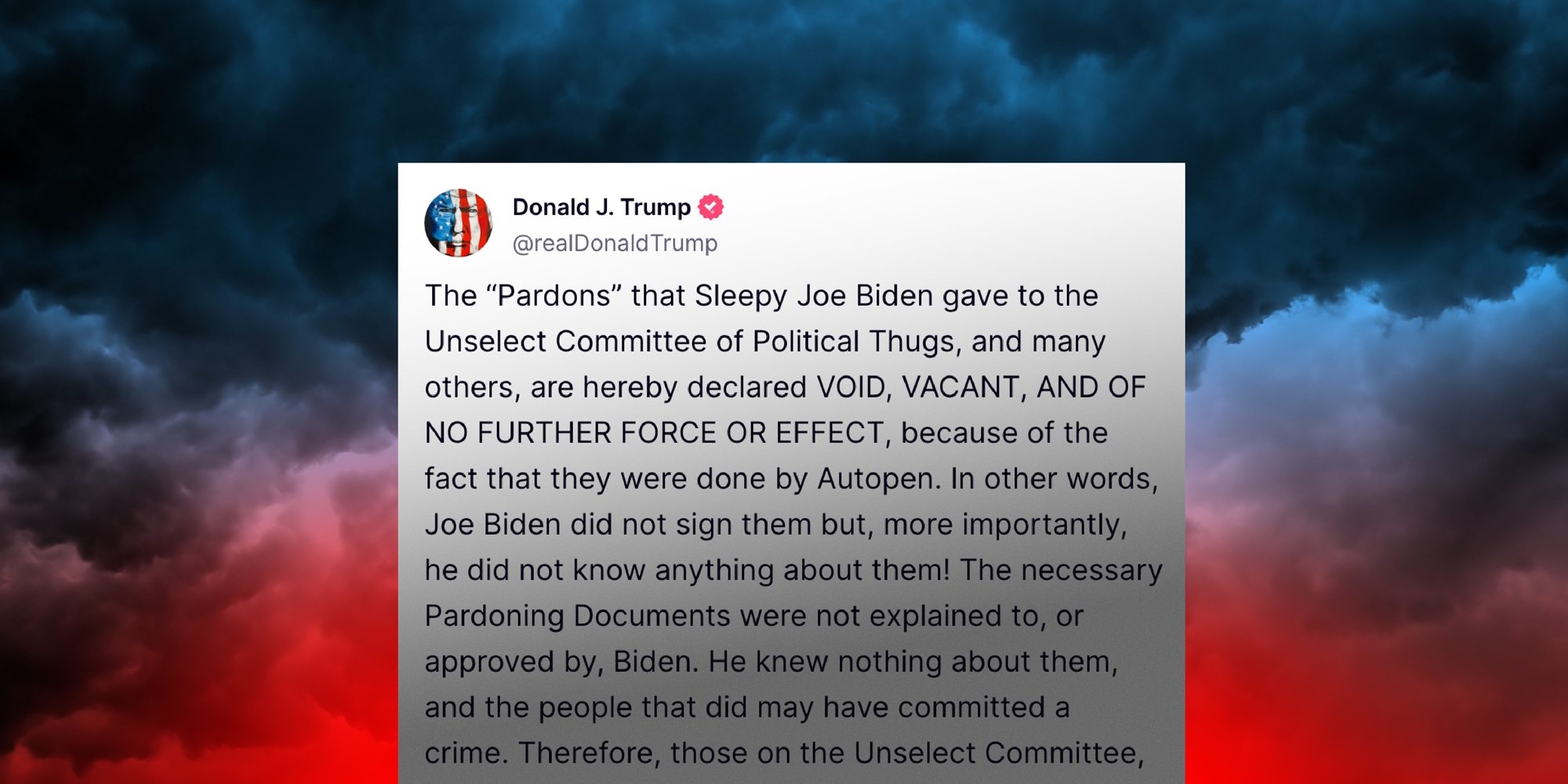 collage image of a screengrab of a Trump tweet and a stormy sky background.
