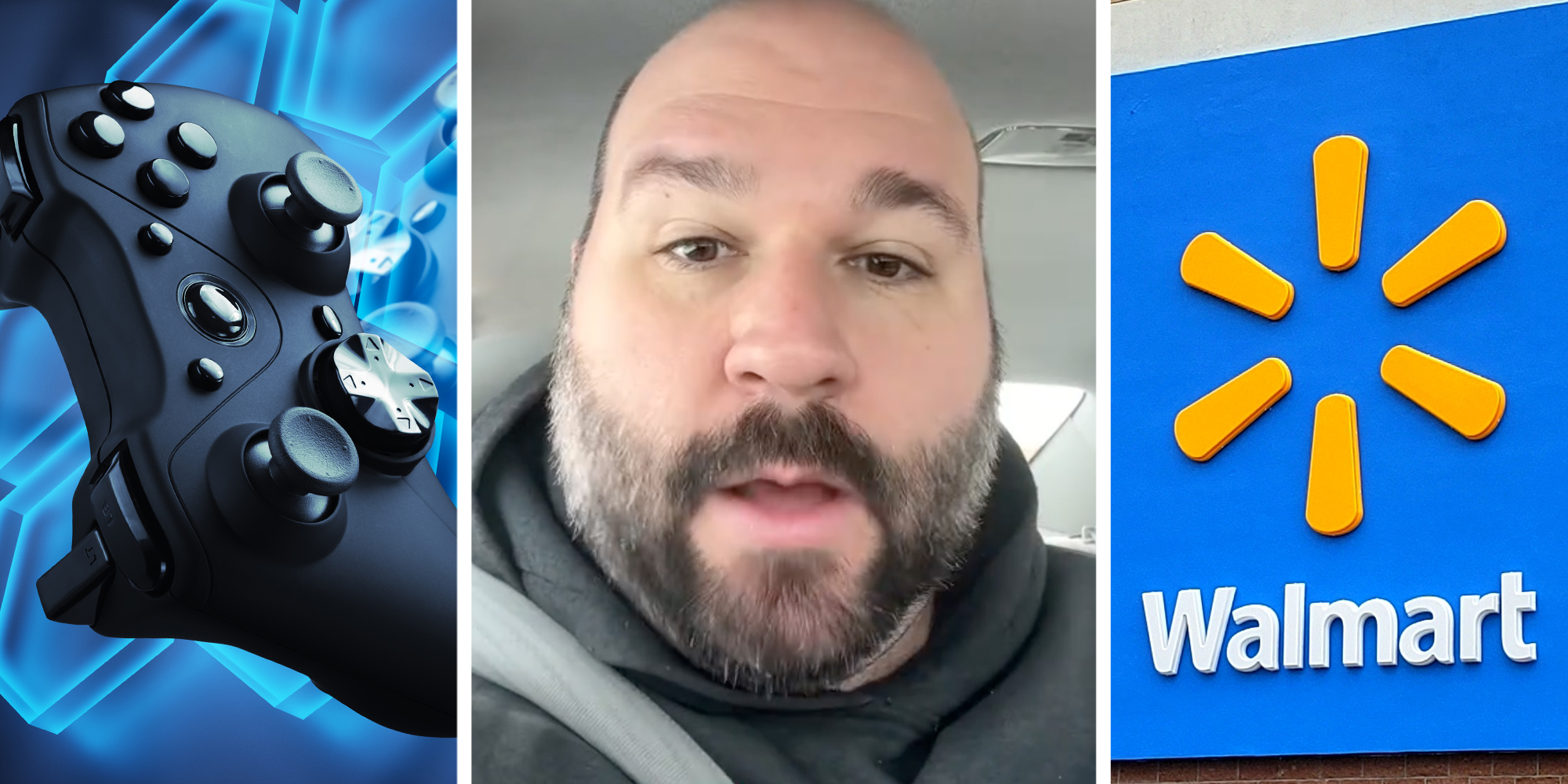 Game controller(l), Man talking(c), Walmart sign(r)