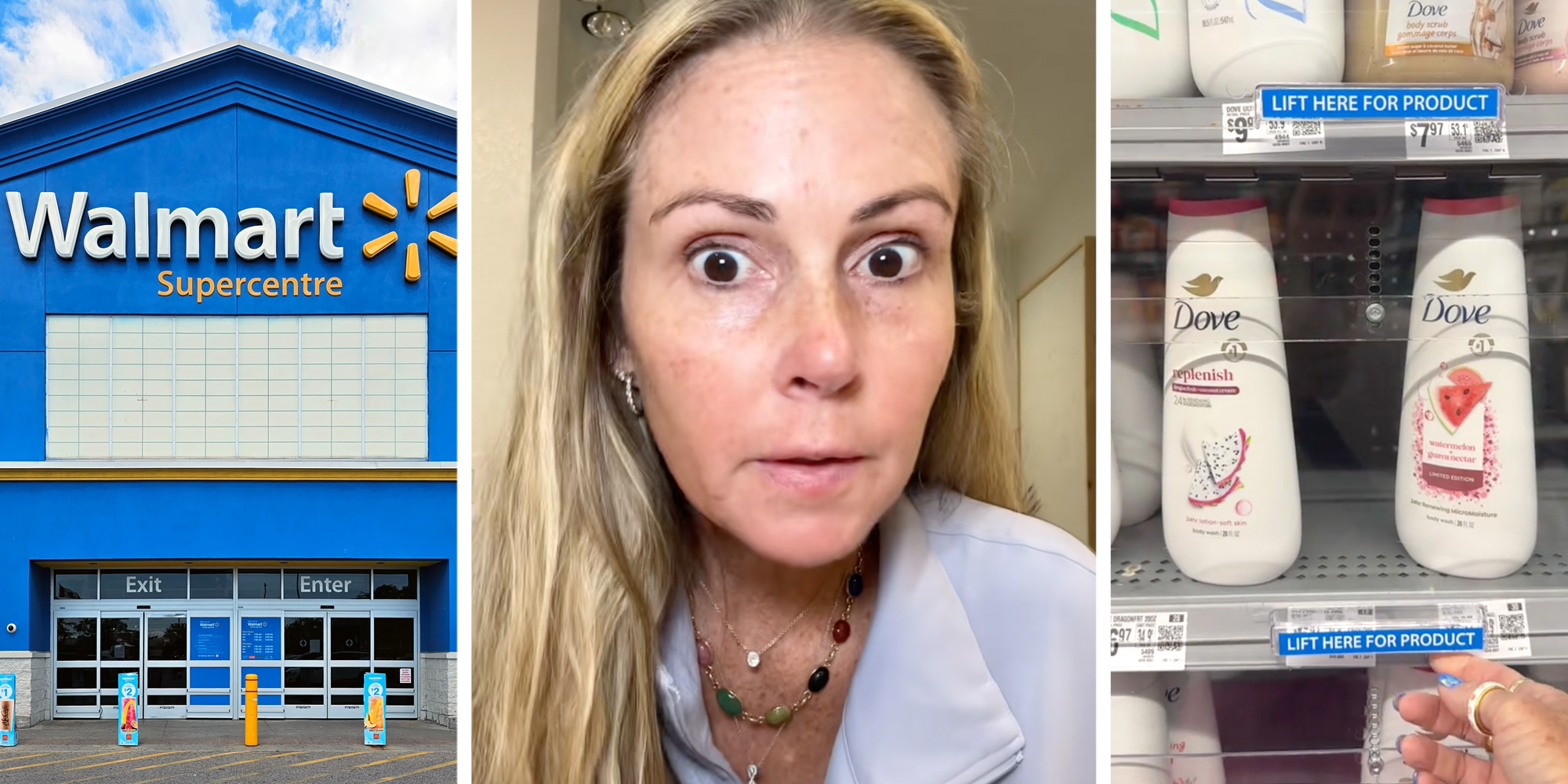 Walmart storefront(l), Woman talking(c), Hand lifting cover for Dove soap(r)