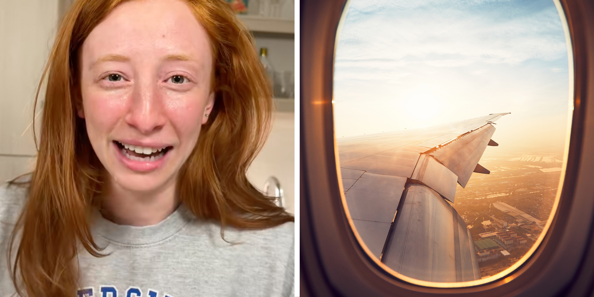 Woman talking(l), Airplane window(r)
