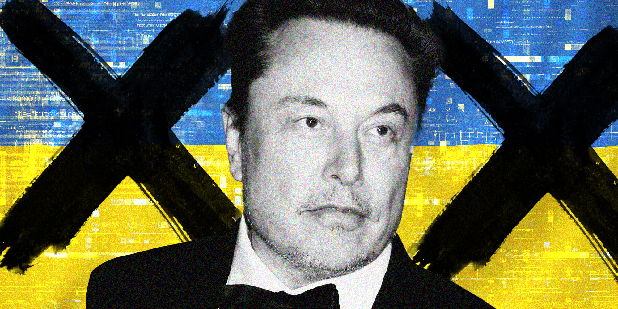 Elon musk over Ukrainian flag that looks like code and two x's