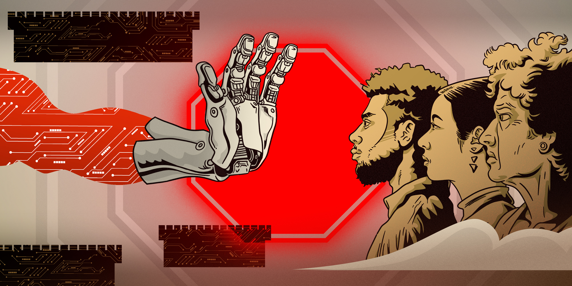 illustration of a robot-ai hand making a stop sign to a diverse group of people.