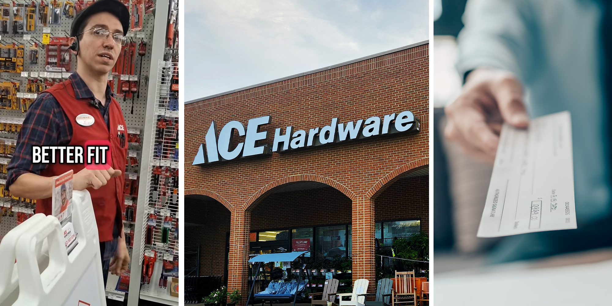 ace hardware manager(l) Ace Hardware Store(c) person handing out a paycheck(r)