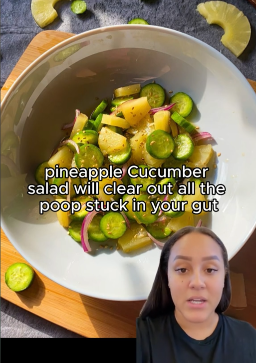 AI creator TikTok video claiming "pineapple Cucumber salad will clear out all the poop stuck in your gut" over an image of the salad.