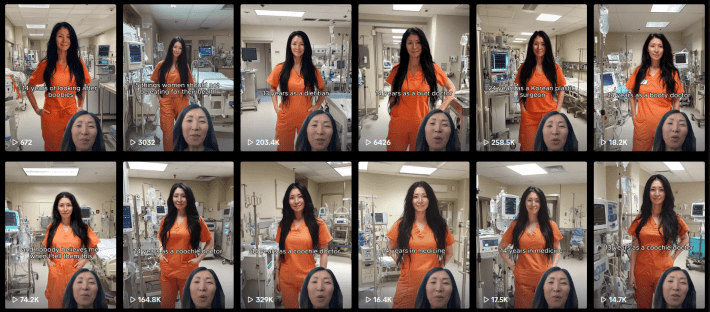 Two rows of TikTok videos showing similar photos of a young woman in scrubs at a hospital and similar older women at the bottom right of the screen with captions claiming over a decade of experience with different medical specialties.