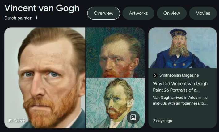 Google search results for "Vincent Van Gogh" with the top result an AI-generated image of his face.