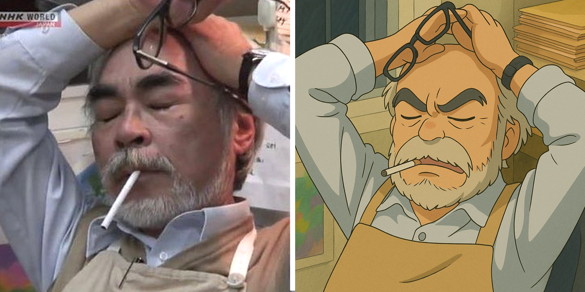 2 image split. Japanese filmmaker, Hayao Miyazaki, looking tired, hands over head, eyes closed, holding glasses, with cigarette in mouth on left. AI recreation on right.