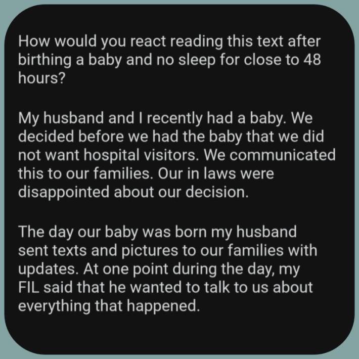 Reddit post text reading "How would you react reading this text after birthing a baby and no sleep for close to 48 hours?”