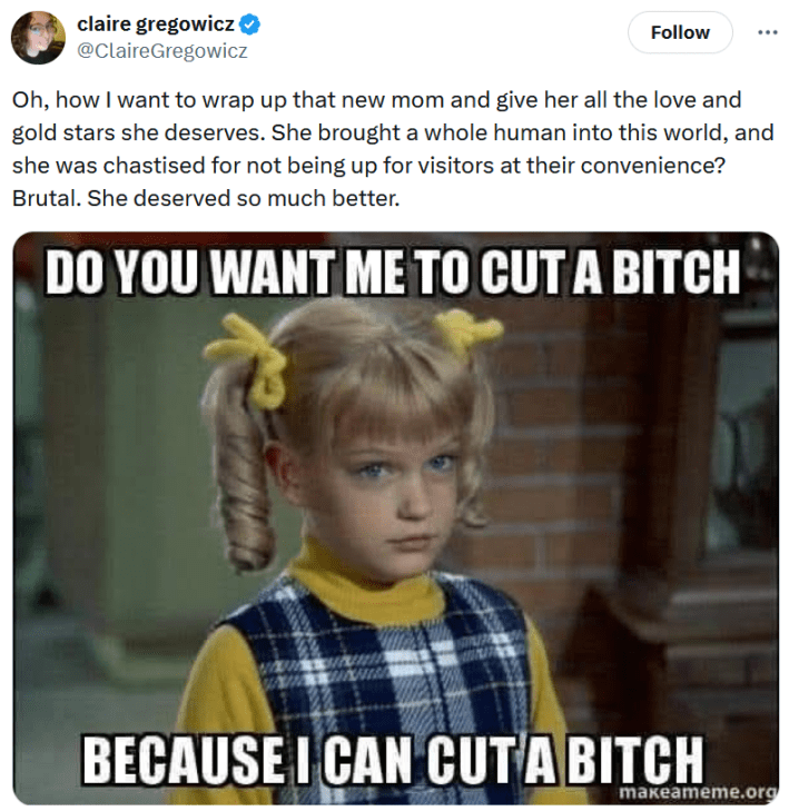 Tweet with a "do you want me to cut a bitch" meme and text reading "Oh, how I want to wrap up that new mom and give her all the love and gold stars she deserves. She brought a whole human into this world, and she was chastised for not being up for visitors at their convenience? Brutal. She deserved so much better."