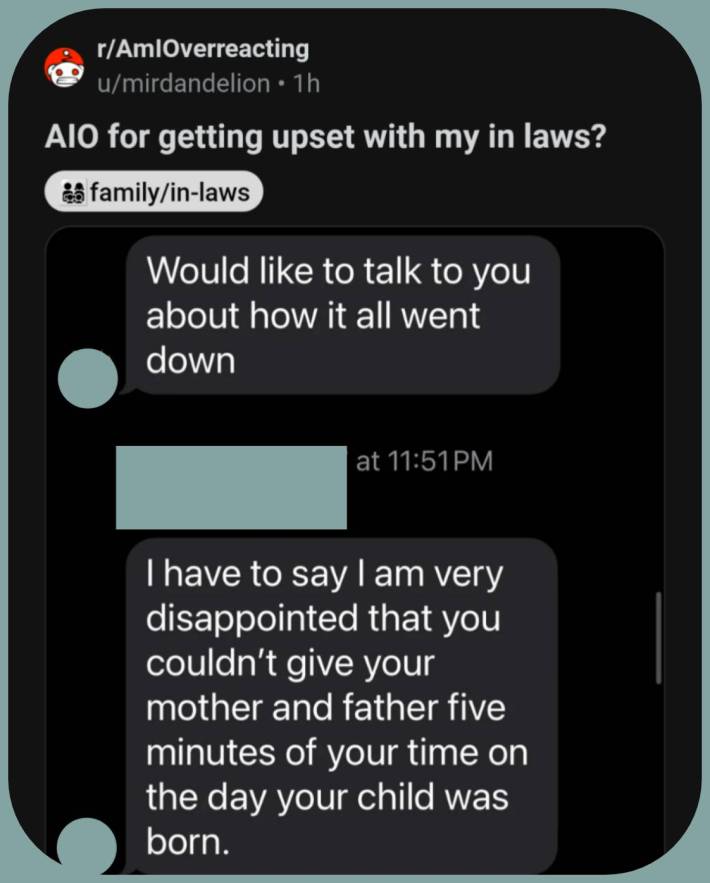 Text messages under a Reddit headline reading "AIO for getting upset with my in laws?"