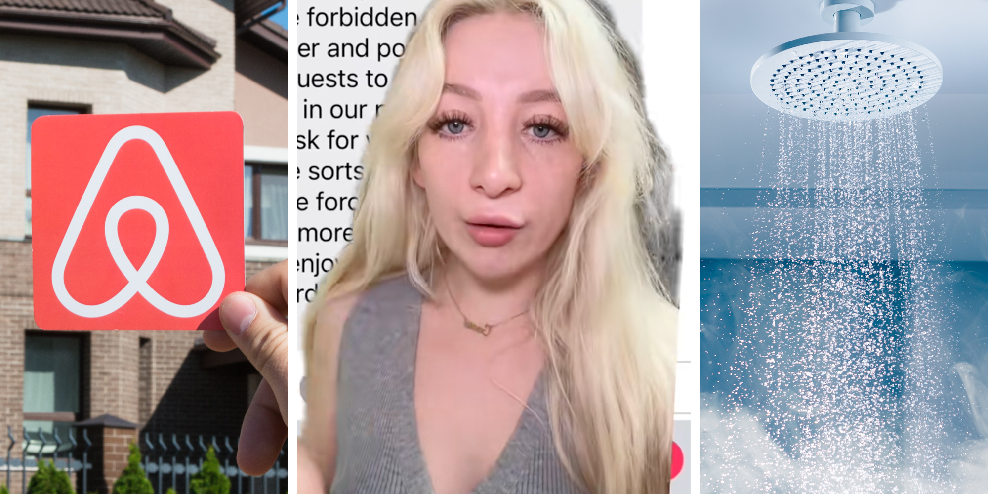 Airbnb logo(l), Woman talking(c), Shower(r)