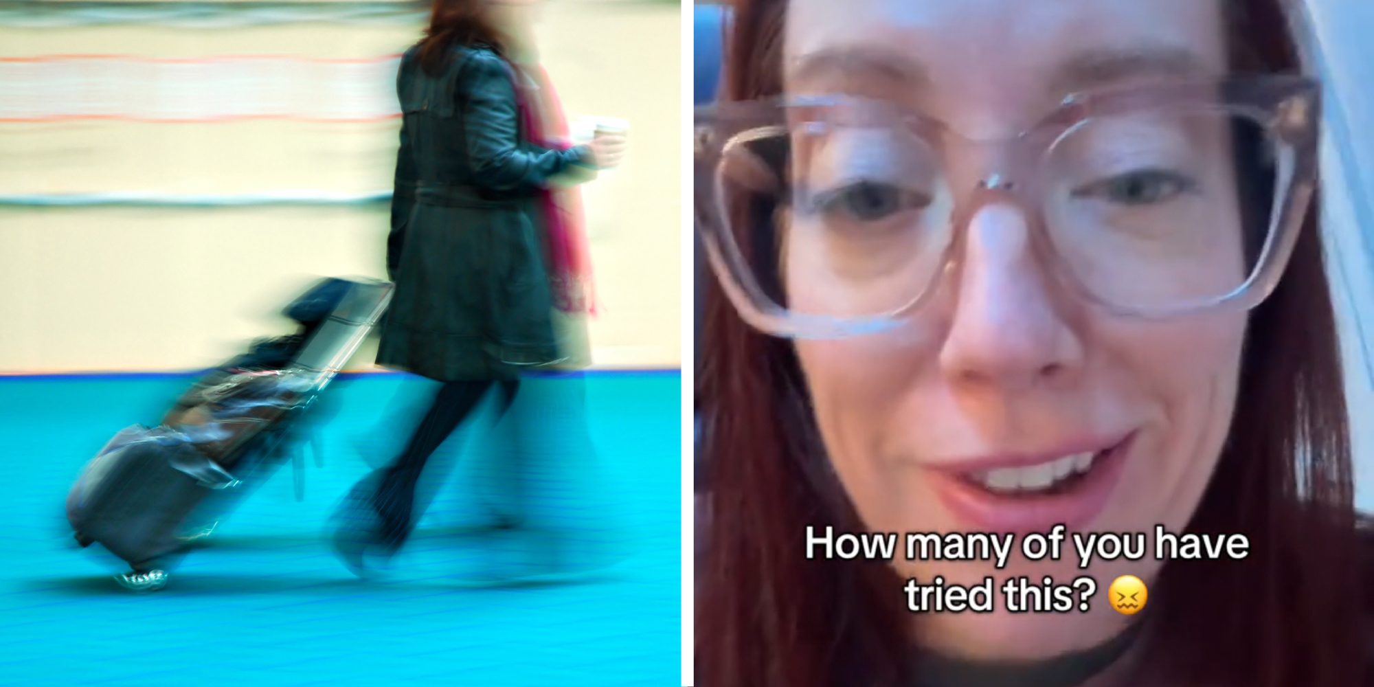 2 panel image of a person rushing through an airport, and a person explaining. Text over: How many of you have tried this?
