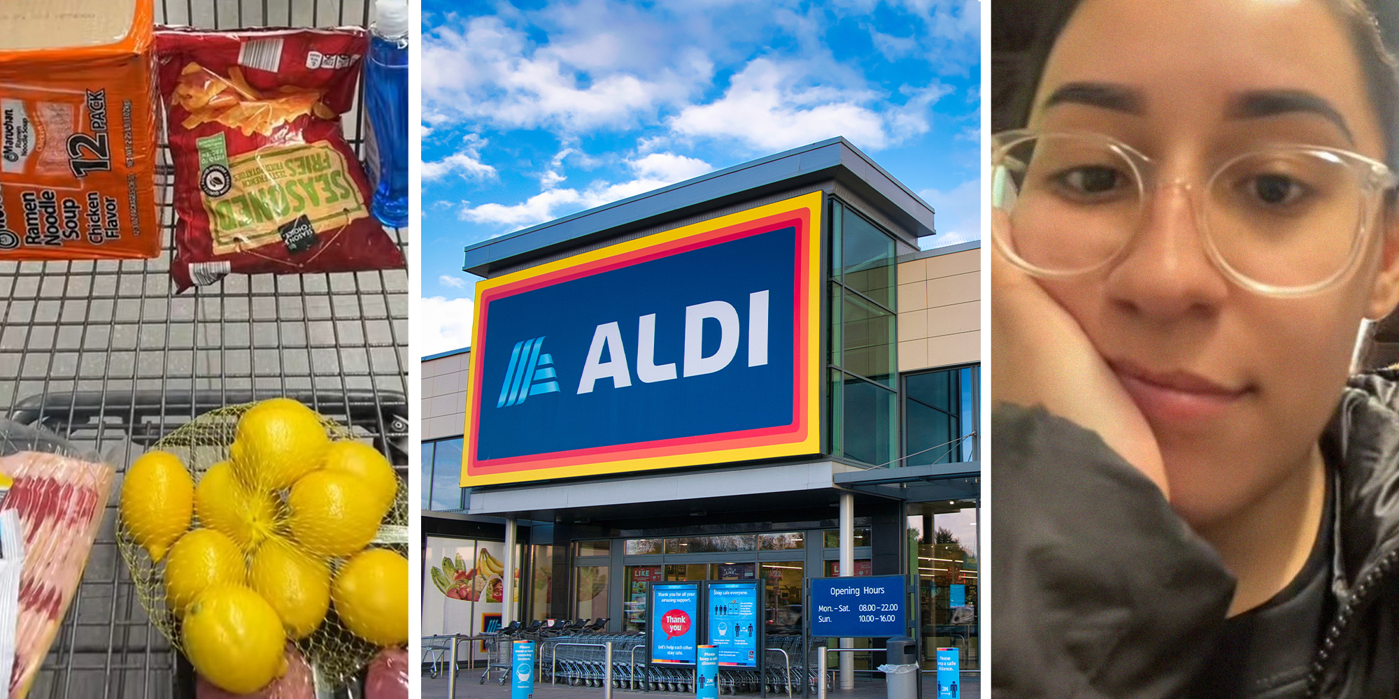 cart filled with groceries(l) Aldi Store(c) Woman wearing glasses holding her cheeks(r)