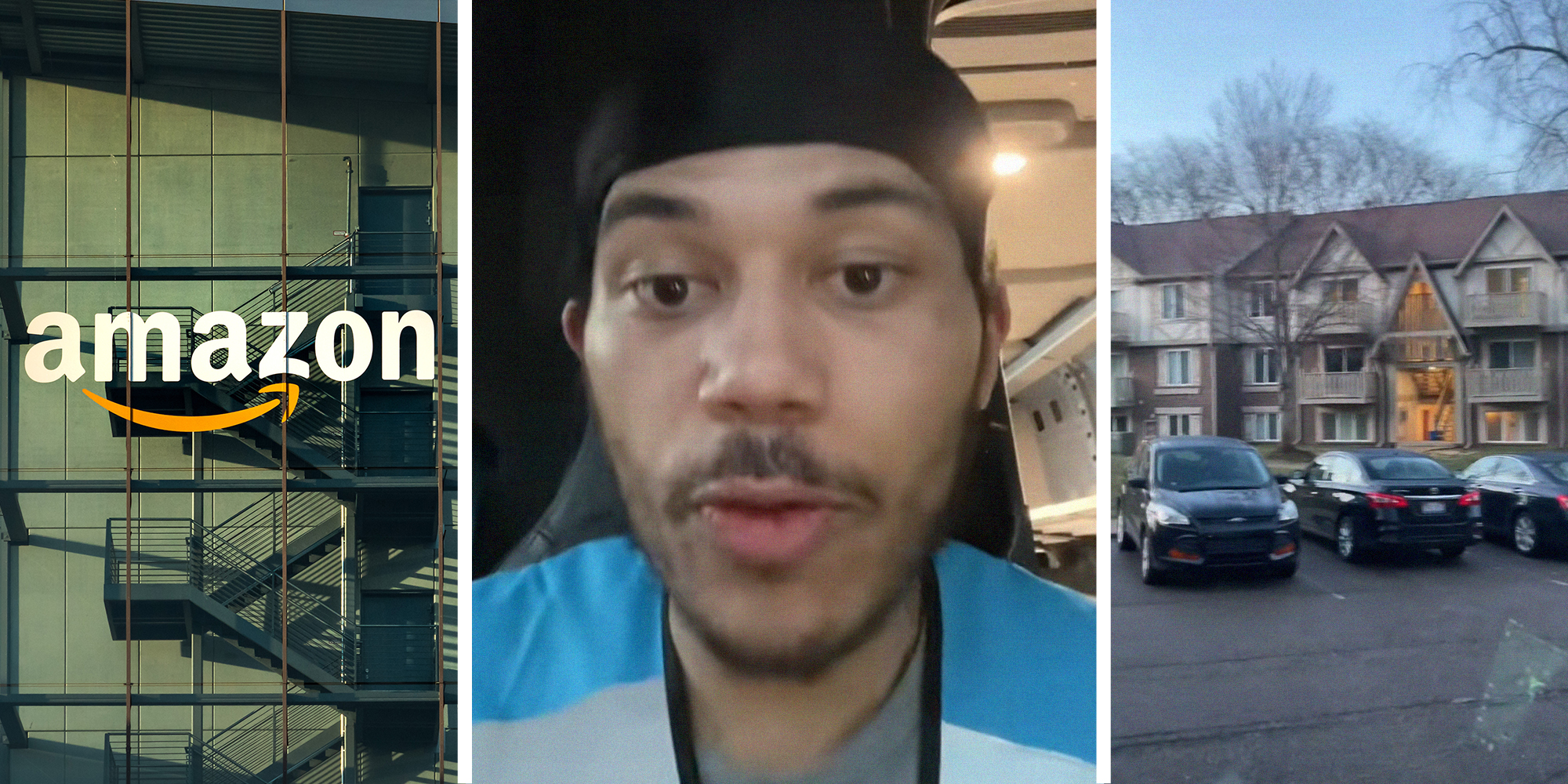 Amazon Logo on building(l) Amazon workers shares request from customer(c) Apartment building(r)