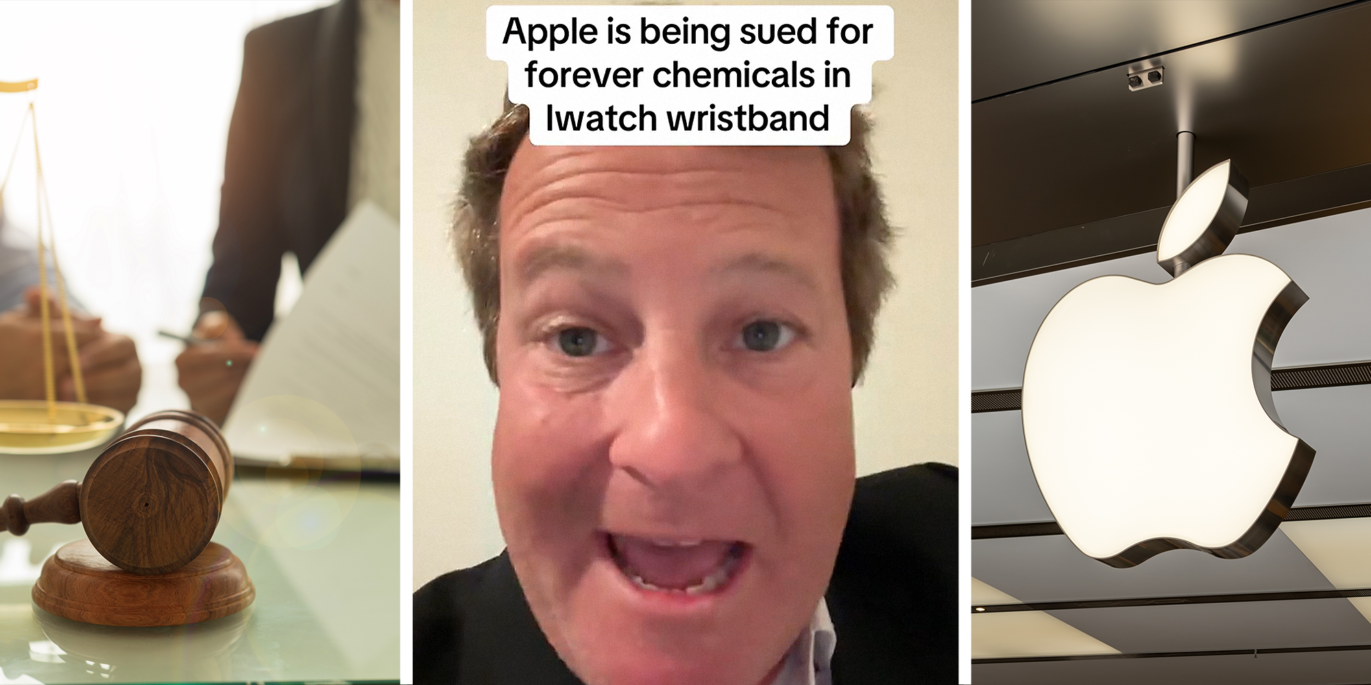 3 image split. Gavel and scale with lawyer in the back on left. Man speaking to phone with overlayed text that reads: "Apple is being sued for forever chemicals in iwatch wristband" in center. Apple logo on storefront on right.