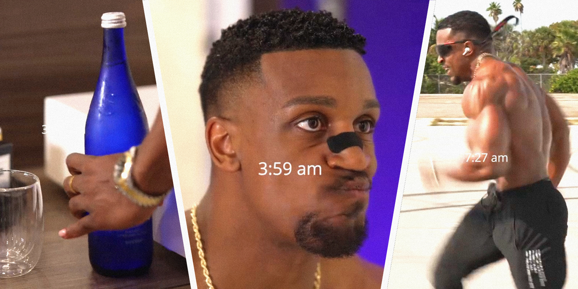 3 panel image showing influencer Ashton Hall's morning routine. In the left he grabs a bottle of water, in the middle he mouth washes, and on the right he runs.