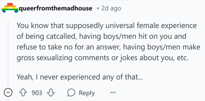 Reddit response to how women know they're ugly, text reads, "You know that supposedly universal female experience of being catcalled, having boys/men hit on you and refuse to take no for an answer, having boys/men make gross sexualizing comments or jokes about you, etc. Yeah, I never experienced any of that..."