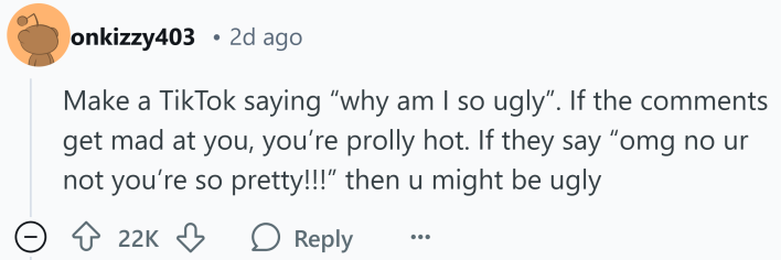 Reddit response to how women know they're ugly, text reads, "Make a TikTok saying 'why am I so ugly'. If the comments get mad at you, you’re prolly hot. If they say 'omg no ur not you’re so pretty!!!' then u might be ugly"