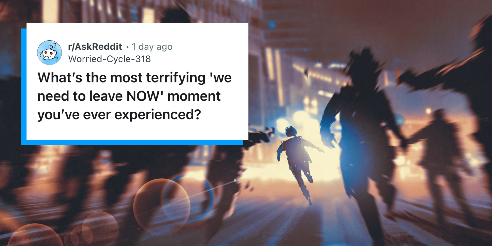 Painting of a crowd running. Reddit prompt over asks, " What's the most terrifying 'we need to leave now' moment you've ever experienced?