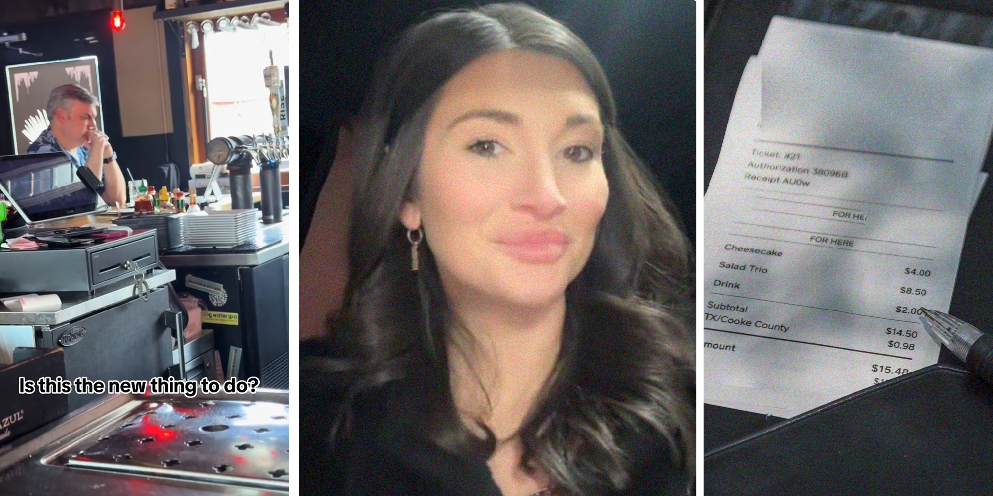 man waiting at restaurant(l) Woman shares new way to ask for check(c) check at restaurant(r)