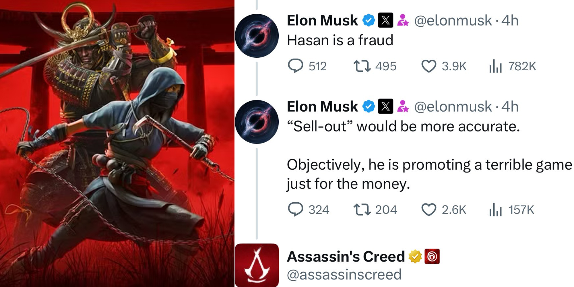 Left: Assassin's Creed screenshot, Right: screenshot of Elon Musk tweets calling Hasan Piker a 'sellout'