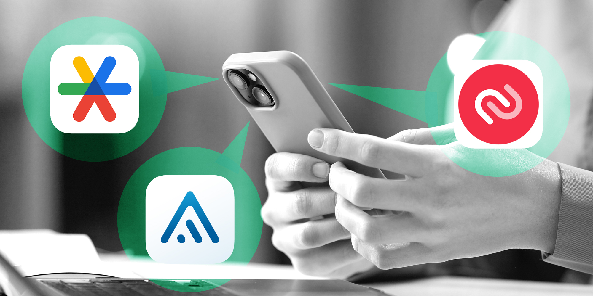 photo collage of a person on a cellphone and logos for Google Authenticate, Aegis, and Authy floating around.