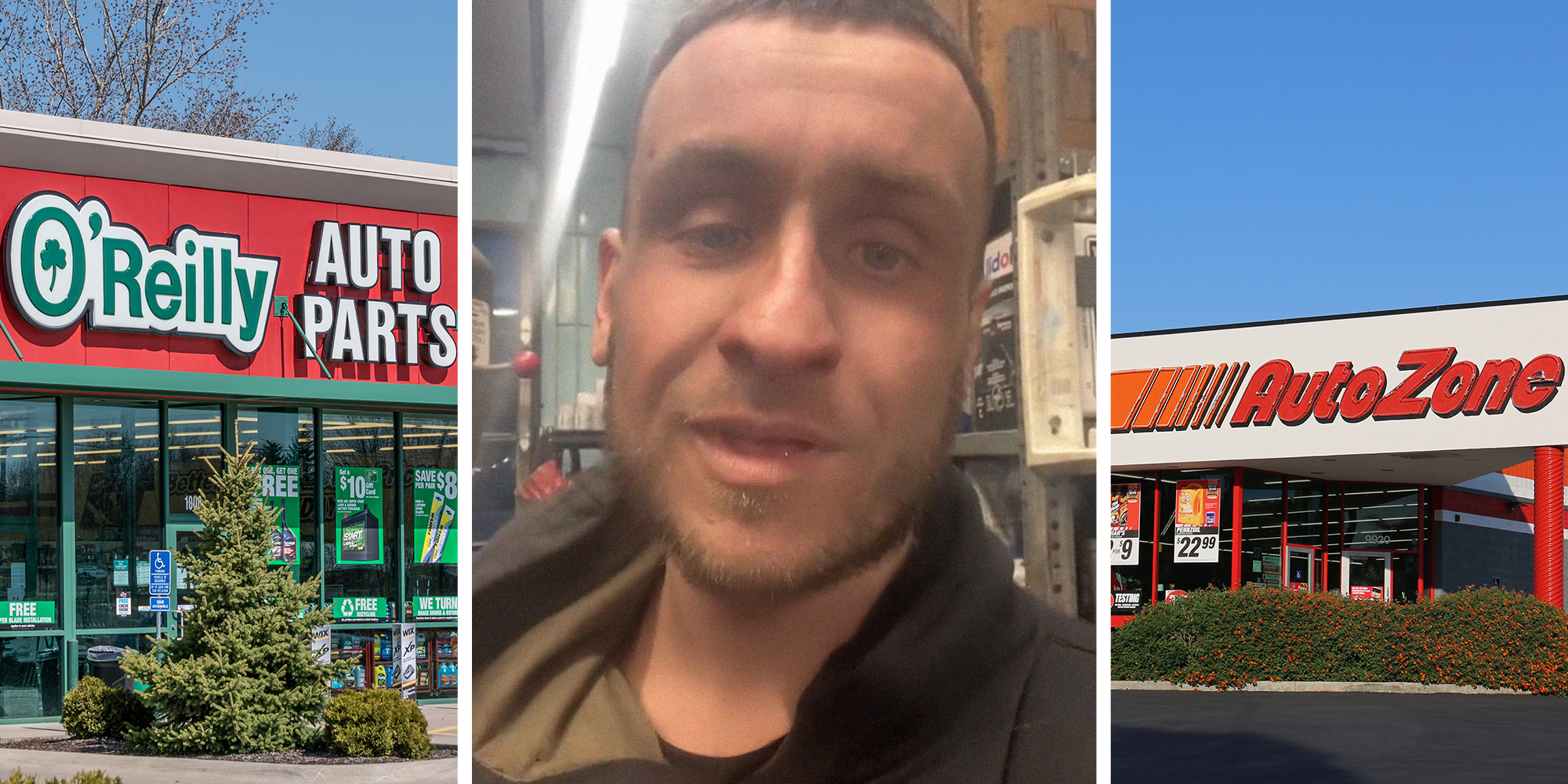 O Reilly Auto Parts Store Front(l) Man shares information about parts purchased at two different stores(c) Auto Zone Store Front(r)