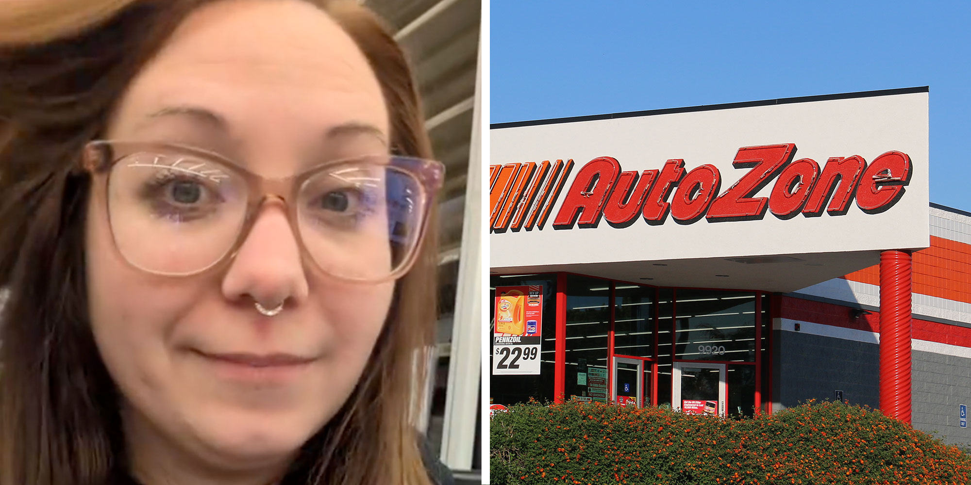 Screenshot of Tiktok user @slumericanstarbenwa; Photo of an AutoZone exterior.
