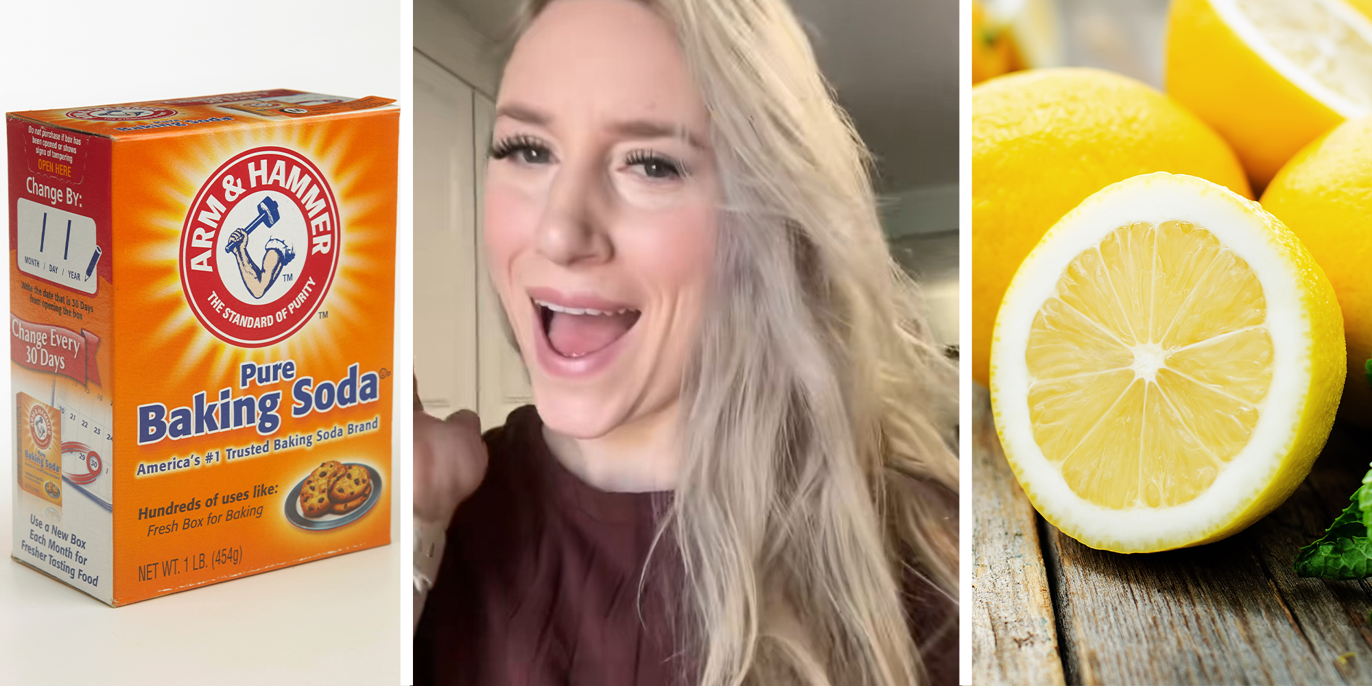 box of baking soda(l) woman shares best way to clean an oven(c) sliced lemon(r)