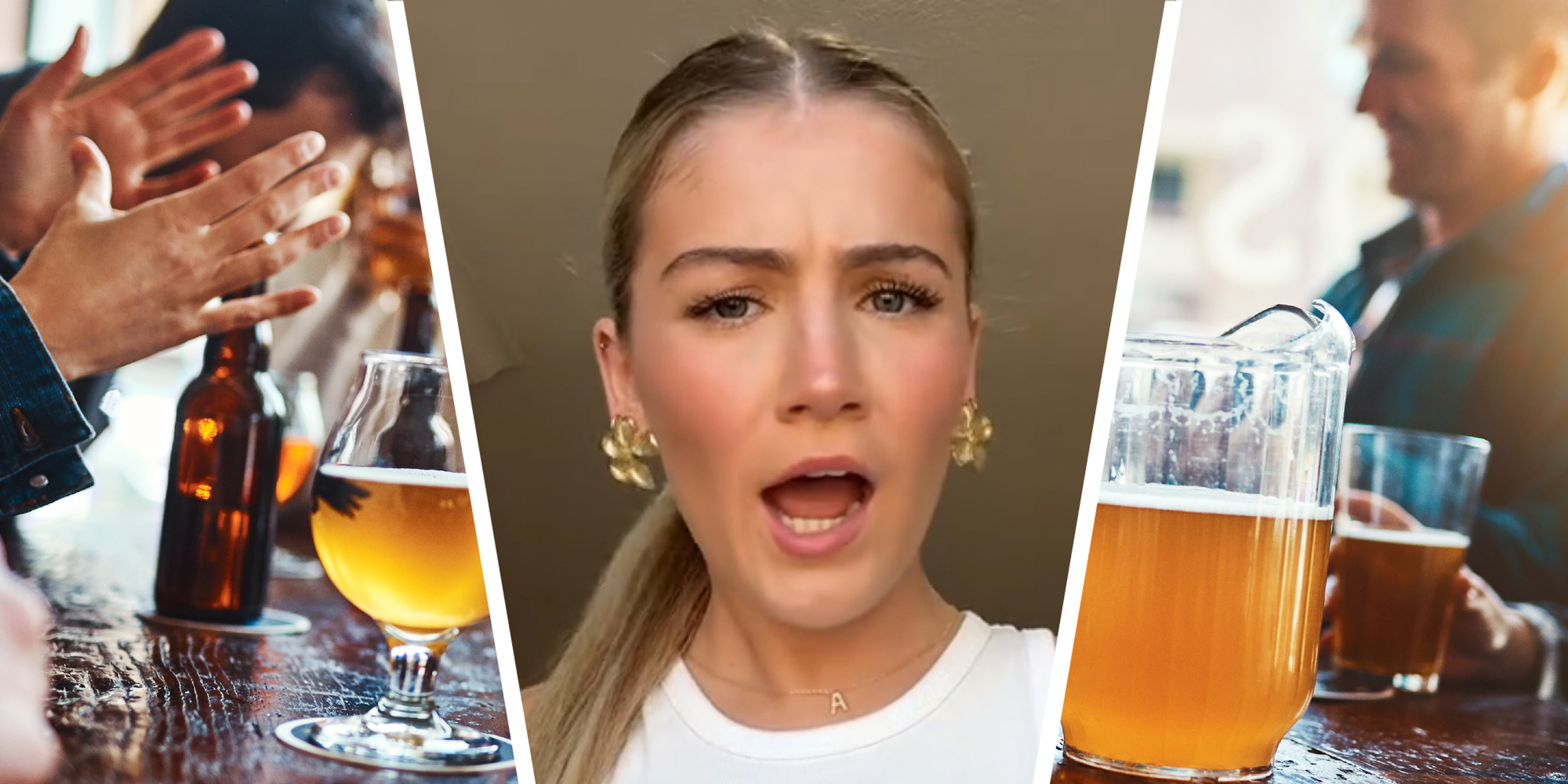 3 panel image: on the sides a bar scene, in the middle a person explains.