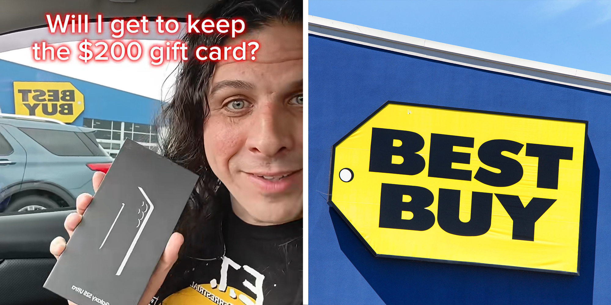 Split image. Man in car holding Samsung Phone in box with overlaying text that reads: "Will I get to keep the $200 gift card?" on left. Best buy sign on building on right.