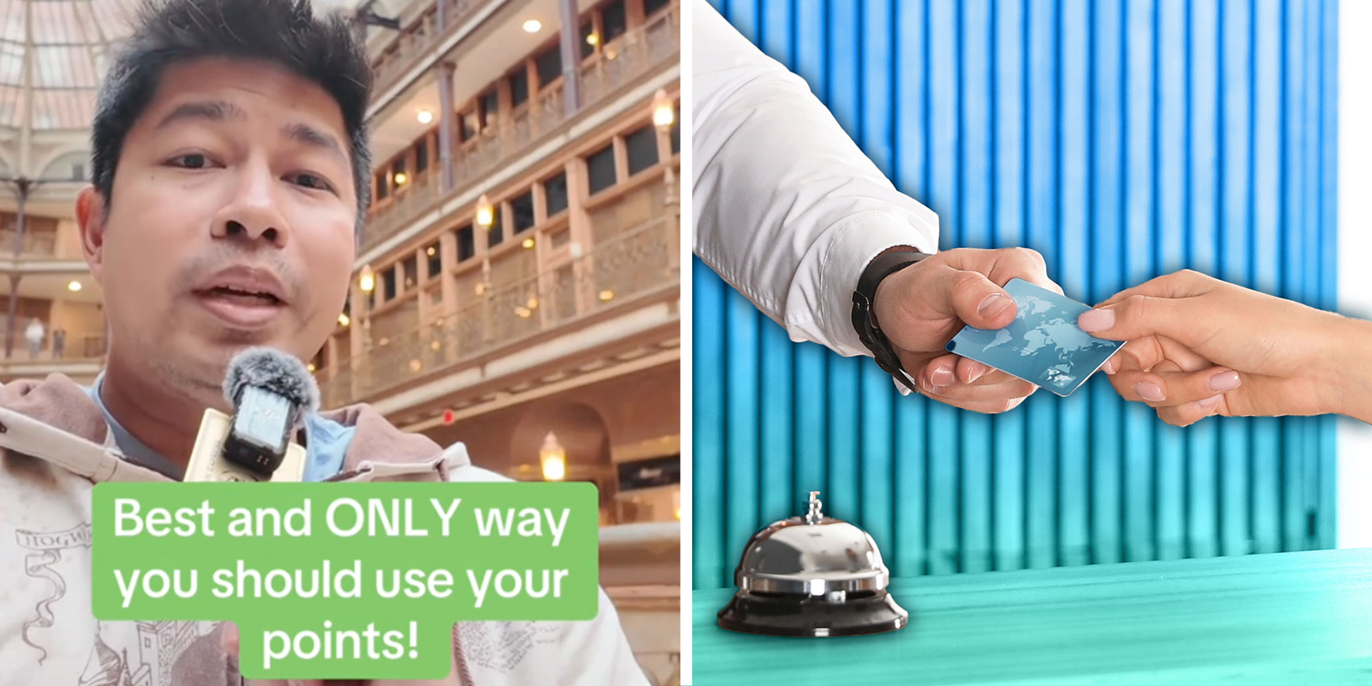 Screenshot of tiktok user @kaungfi with the caption: Best and ONLY way you should use your points!"; Photo of a credit card being passed over a Hotel front desk.