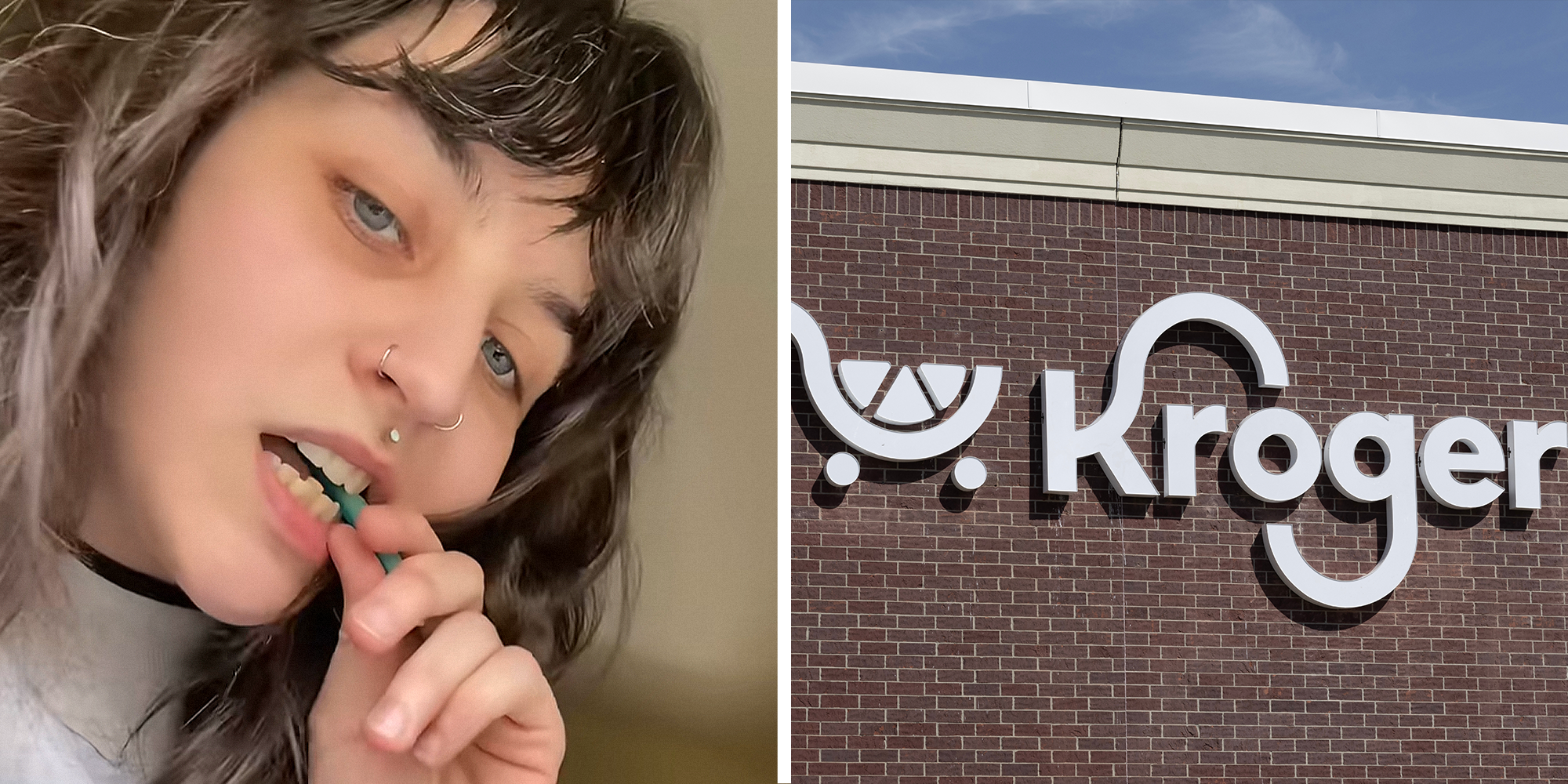 Woman eating candy on left. Kroger's storefront on right.