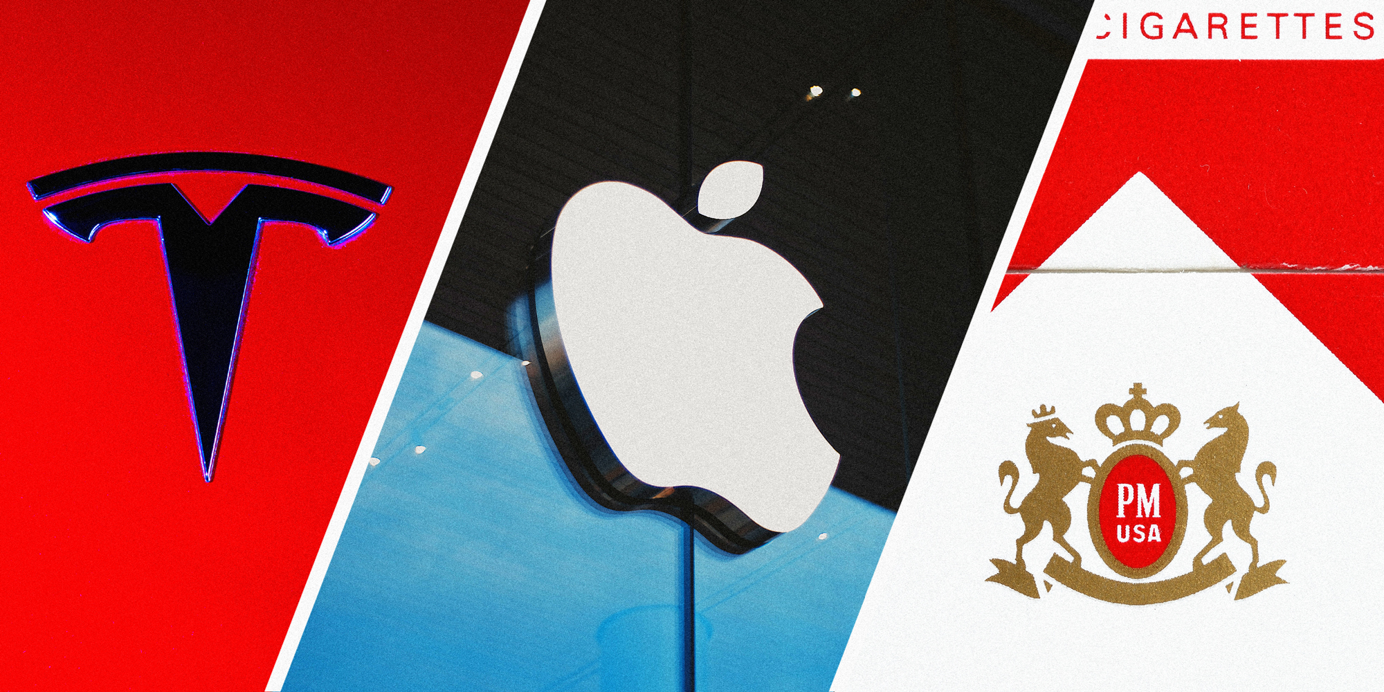 3 panel image showing (left to right) the logos of Tesla, Apple, and Marlboro.