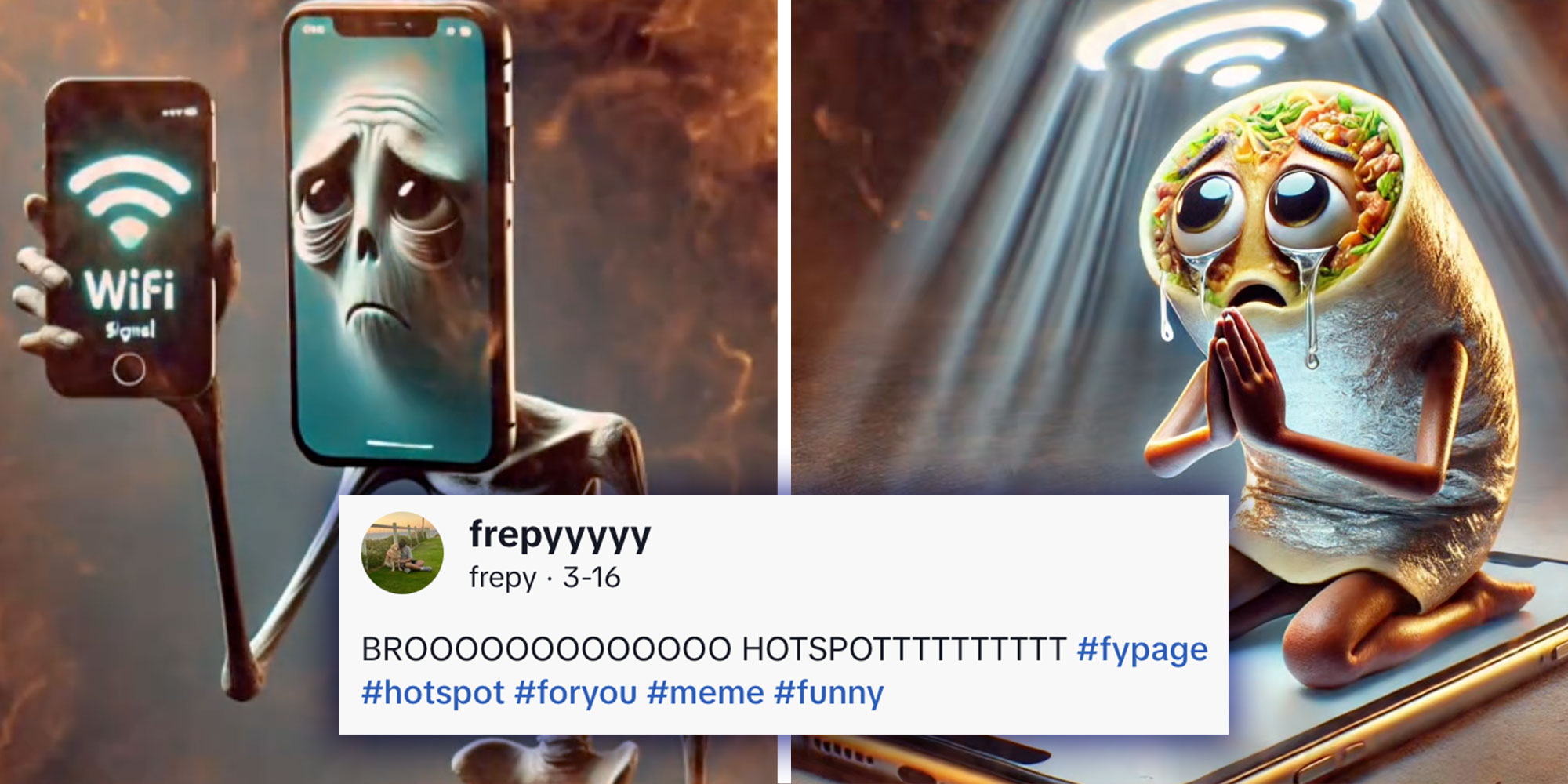 Left: Screenshot from @dytzz88's Tiktok of an AI image of a skeleton with a Phone head holding a phone. Right: Screenshot from @frepyyyyy's Tiktok of an AI image of a crying burrito praying on a phone. Caption: Comment from @frepyyyyy "BROOOOOOOOOOOOO HOTSPOTTTTTTTTTT #fypage #hotspot #foryou #meme #funny".